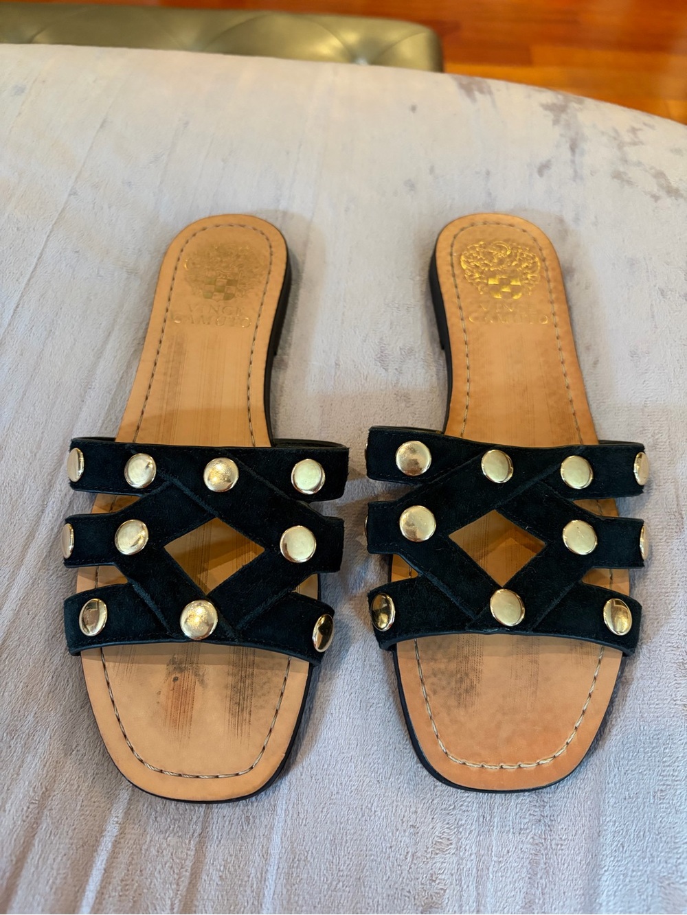 Vince Camuto Vazista Studded Slide Sandal In Black Suede Size 6.5 M Women's